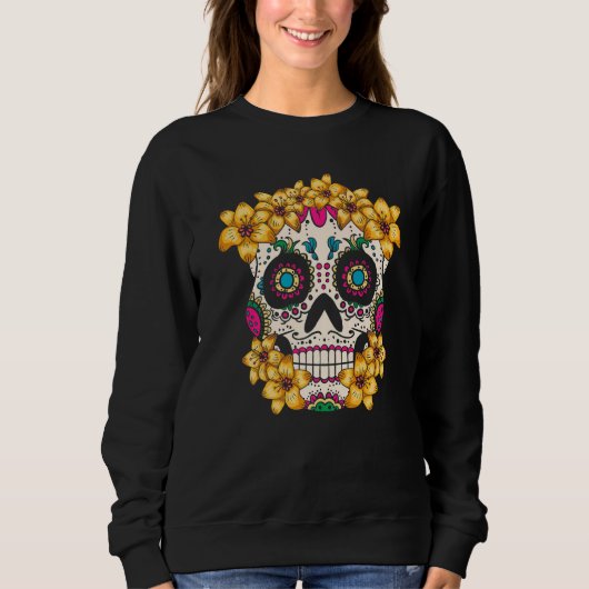 Sweatshirt Crâne Mexicain Aux Fleurs Pour Le Jour Des Morts (Devant)