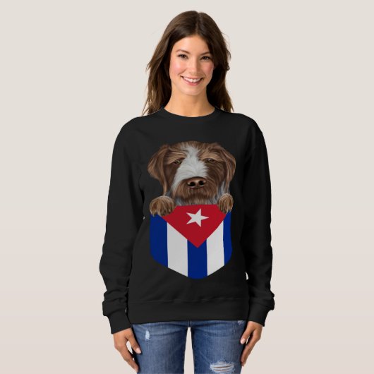 Sweatshirt Cuba Flag German Wirehaired Pointer Dog In Pocket (Devant entier)