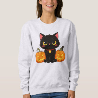 Sweatshirt Cute Black Cat and Pumpkins Halloween