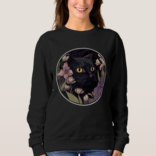 Sweatshirt Cute Black Cat Hiding in Spring Flowers Aesthetic (Devant)