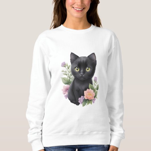 Sweatshirt Cute Black Chat Floral Whimsical (Devant)