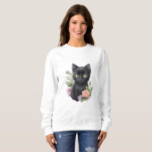 Sweatshirt Cute Black Chat Floral Whimsical (Devant entier)