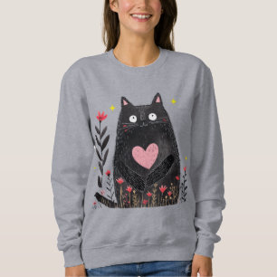 Sweatshirt Cute Boho Floral Aquarelle Noir Chat Girlie