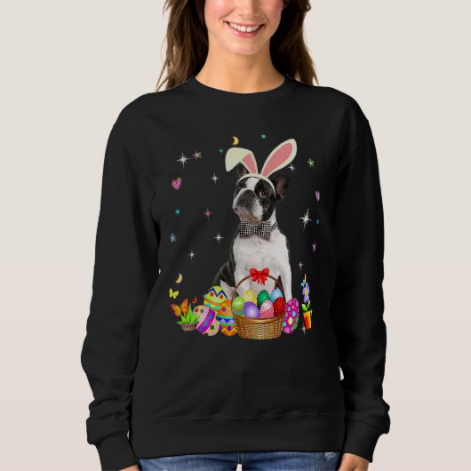 Sweatshirt Cute Boston Terrier Jour de Pâques Oeufs de lapin  (Devant)