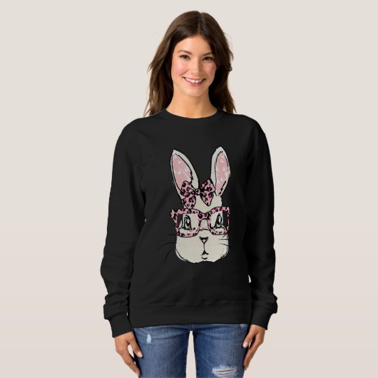 Sweatshirt Cute Bunny Face Pink Leopard lunettes Bow Cravate  (Devant entier)
