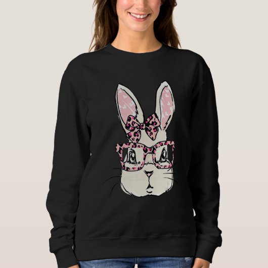 Sweatshirt Cute Bunny Face Pink Leopard lunettes Bow Cravate  (Devant)