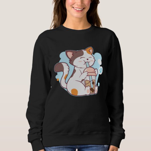 Sweatshirt Cute Cat Drinking Bubble Tea  Tea  Costume (Devant)