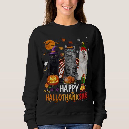Sweatshirt Cute Chat Halloween Joyeux Noël Joyeux Hallothan (Devant)