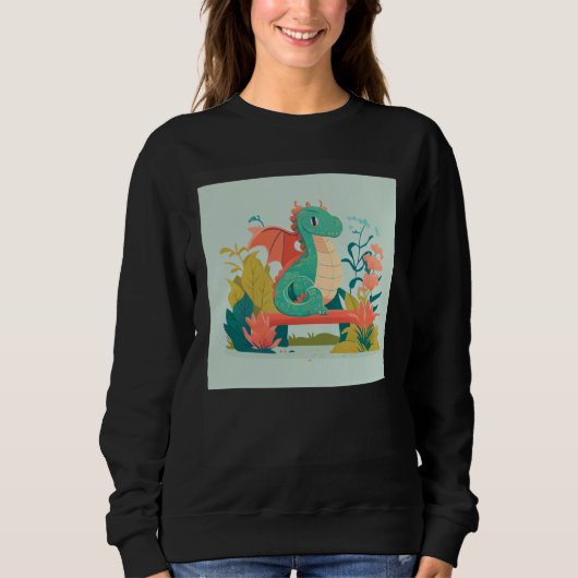 Sweatshirt Cute Green Dragon sitting on bench in a garden for (Devant)