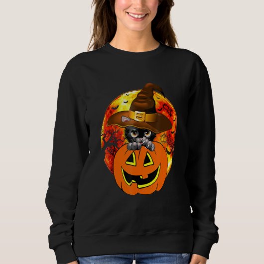 Sweatshirt Cute Halloween Cat Witch Hat Pumpkin Scary Pet Moo (Devant)