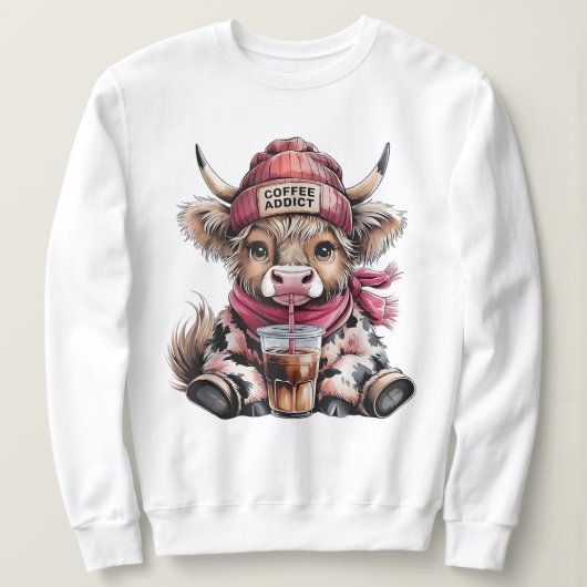 Sweatshirt Cute Highland Cow Coffee Addict Drôle Boire Café (Design devant)