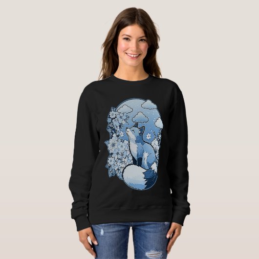 Sweatshirt Cute little fox flowers clouds spring retro (Devant entier)