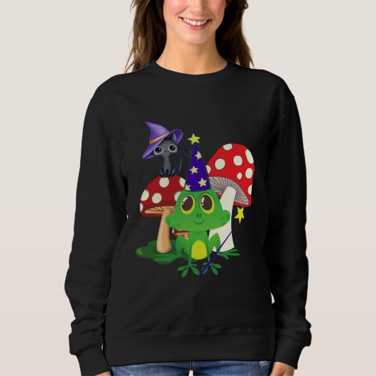 Sweatshirt Cute Wizard Frog and Witch Black Cat Mushrooms Hal (Devant)