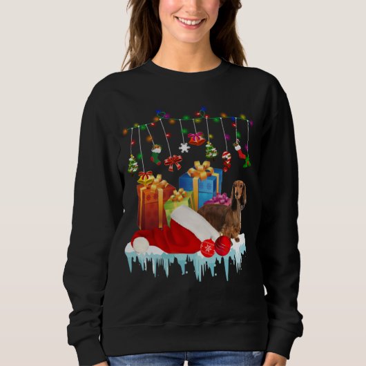 Sweatshirt Dachshund Santa Hat Christmas Lights  Box (Devant)