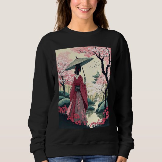 Sweatshirt Dame japonaise avec parapluie Pagoda cerise en fle (Devant)