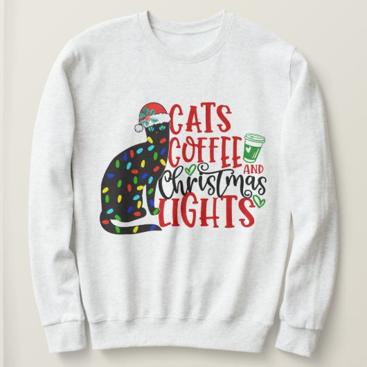 Sweatshirt DecupChat noir, Café et lumières de Noël (Design devant)