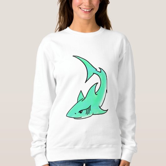 Sweatshirt dessin souriant requin menthe bleu vert océan anim (Devant)