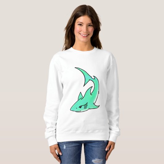 Sweatshirt dessin souriant requin menthe bleu vert océan anim (Devant entier)