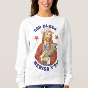 Sweatshirt Dieu Béni Merica Y'all Jesus Dinosaur Cowboy Casqu
