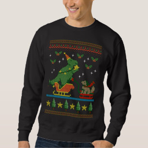 SWEATSHIRT DINOSAUR CHIEN SLEIGING RIDING UGLY CHRISTMAS TREX