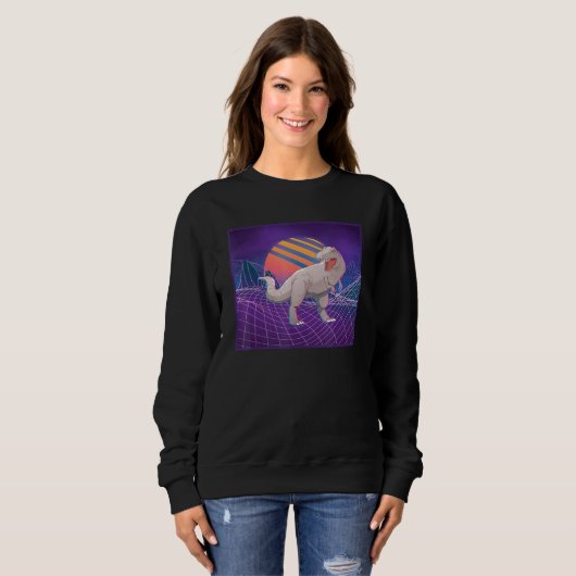 Sweatshirt Dinosaur Rétro Ordinateur Paysage Sunset Vaporwave (Devant entier)