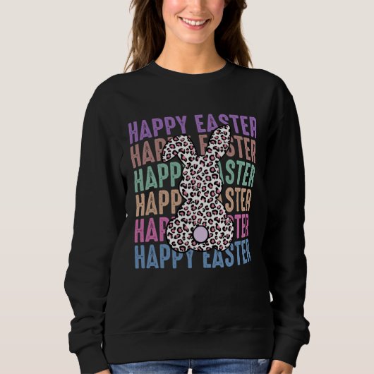 Sweatshirt Distress Bunny Leopard Print Girls Women Happy Eas (Devant)