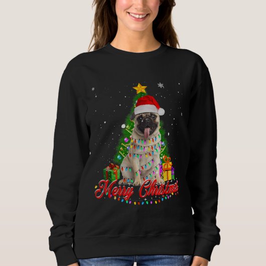 Sweatshirt Drôle Carlin chien de Noël Tee Père Noël lumières  (Devant)