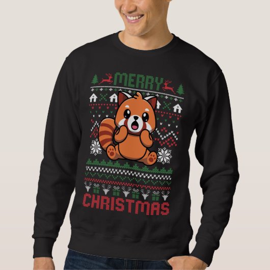 Sweatshirt Drôle Panda Rouge laide lumières de Noël (Devant)