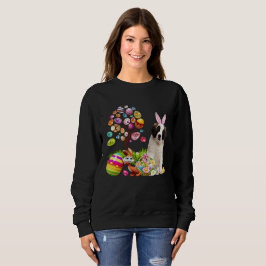 Sweatshirt Easter Bunny Saint Bernard Dog Ear Tree Egg Basket (Devant entier)