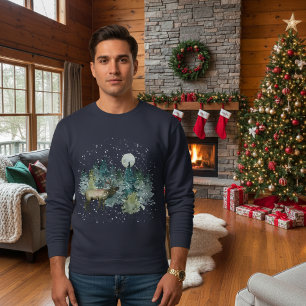 Sweatshirt Elk en Pleine lune forestière Snowfall Holiday