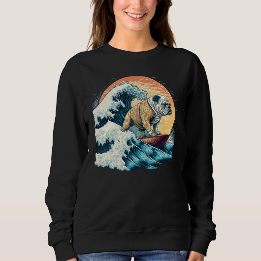 Sweatshirt English Bulldog Surfing On the Great Wave of Kanag (Devant)