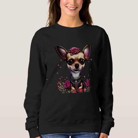 Sweatshirt Fawn Chihuahua Pink Roses Premium (Devant)