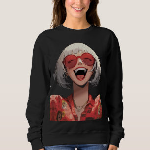 Sweatshirt Fille d'anime joyeuse : Cheveux gris, Lunettes rou