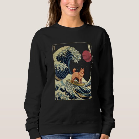 Sweatshirt Finnish Spitz Japanese Kanagawa Wave Surf Dog (Devant)