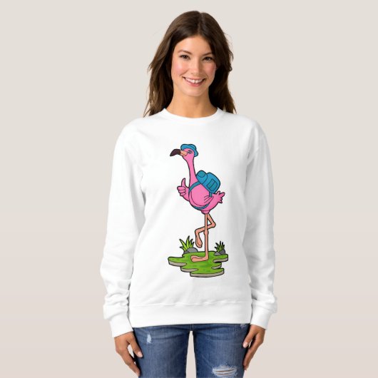 Sweatshirt Flamant rose comme randonneur avec sac à dos (Devant entier)