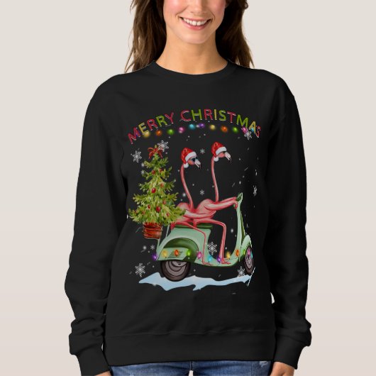 Sweatshirt Flamant rose Noël Motorcycle Lumières Joyeux Ch (Devant)