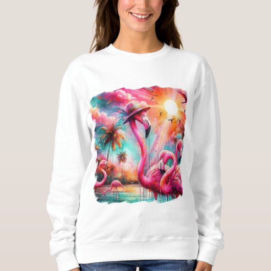 Sweatshirt Flamants roses roses tropicaux Palmiers Eau Solair (Devant)