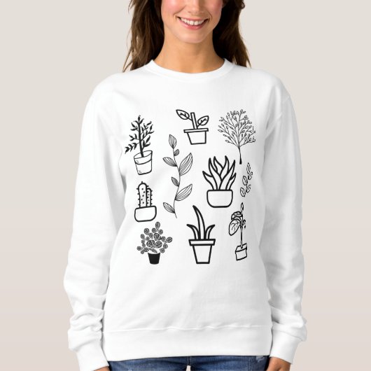 Sweatshirt Fleurs dessinées Doodles Plantes noirs et blancs (Devant)