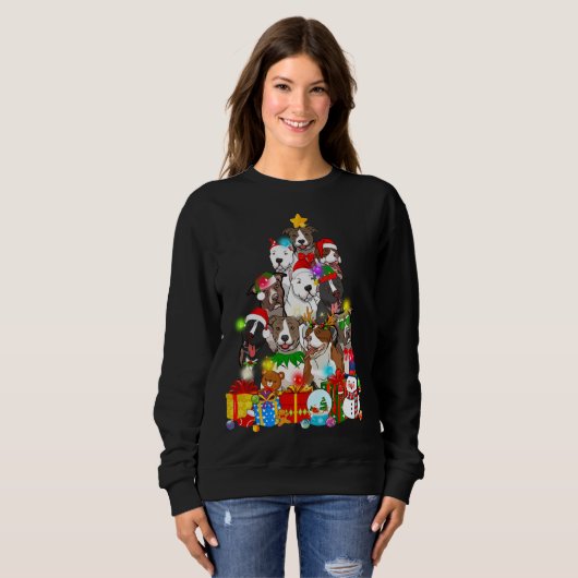 Sweatshirt Funky Pitbull Chien de Noël Lumières Arbre Chien C (Devant entier)