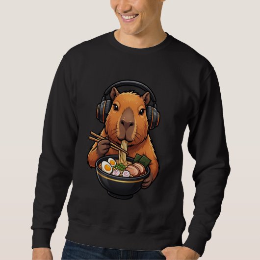 Sweatshirt Funny Capybara Eating Ramen Noodles with Headphone (Devant)