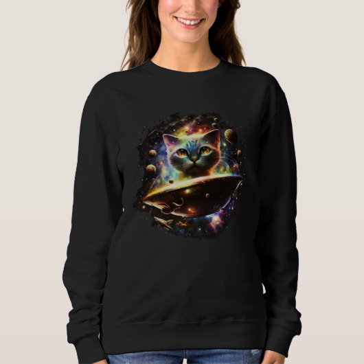 Sweatshirt Funny Cat Tee, Galaxy Cat Spaceship Alien Cat 1 (Devant)