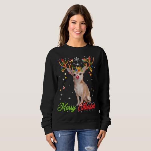 Sweatshirt Funny Chihuahua Chig with Antlers Joyeux Noël T (Devant entier)