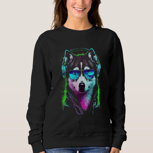 Sweatshirt Future Wolf Dj Retro Party Dog Dj Synthwave (Devant)