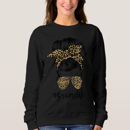 Sweatshirt Grams Life Messy Cheveux Bun Leopard Femmes Mère D (Devant)