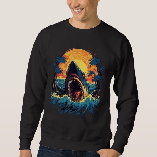 Sweatshirt Great White Shark Palm Trees Sunset Shark Graphic (Devant)