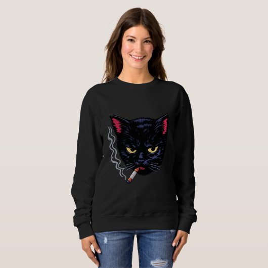 Sweatshirt Grumpy Smoking Black Cat Y2K Attitude Retro Design (Devant entier)