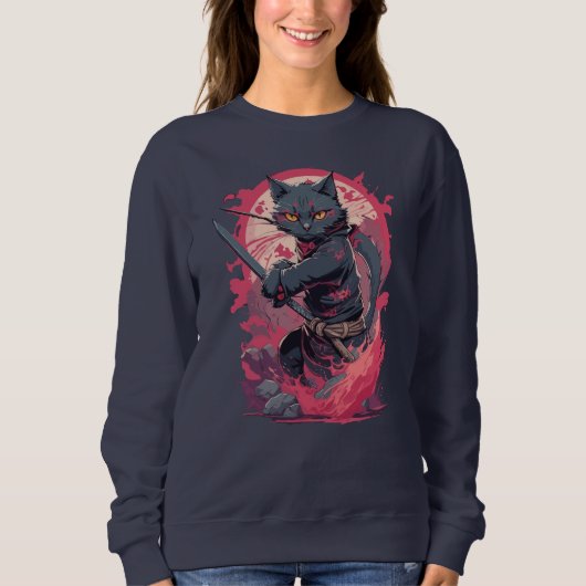 Sweatshirt Guerrier Chat Ninja Noir Splash Feu Mignon (Devant)