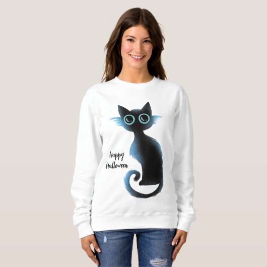 Sweatshirt Halloween Big Eyes Black Blue Evil Chat (Devant entier)