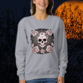 Sweatshirt Halloween Crânes noirs et Rose Éffrayants