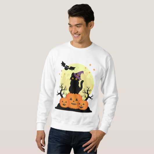 Sweatshirt Halloween Éffrayant Chat Sorcière Jack-o-lanternes (Devant entier)